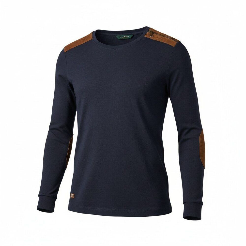 Ralph Lauren Navy Long Sleeve Top with Brown Faux Suede Elbow Patches - Size S